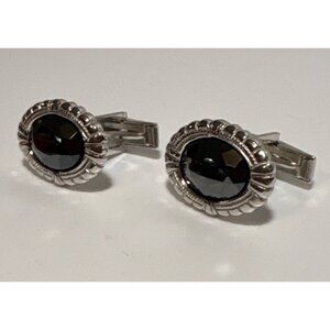 Vintage Silver Tone Black Onyx Cufflinks Oval Fathers Day Intricate Details
